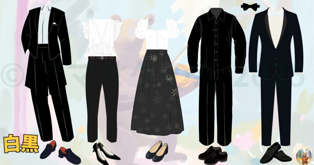 オーケストラ衣装2、白黒（上白、下黒）パターンの図解